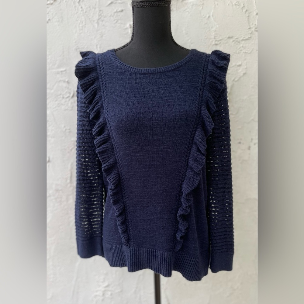 LOFT -  Navy Knit Ruffle Sweater - size medium